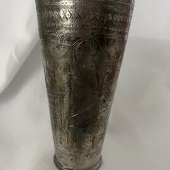 Vintage Engraved Indian Vase with Taj Mahal, 7" Tall