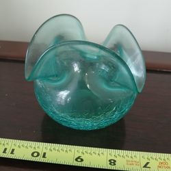 mini pinched ivy vase in sea green crackle glass. 