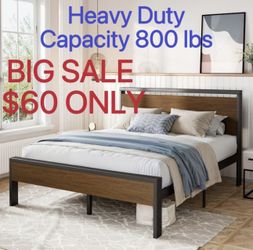 BIG SALE FULL/ QUEEN Size Bed Frame, Heavy Duty Metal Platform Bed with Wooden Headboard & Footboard