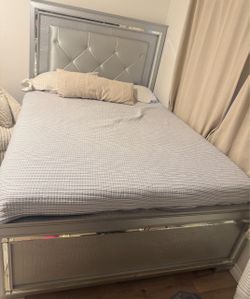Silver Mirrored Queen Bed Frame with Tufted Headboard