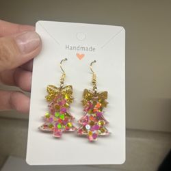 Pink Sparkly Polka Dot Christmas Tree Resin Earrings with Bow or Star Top (Two Styles) 