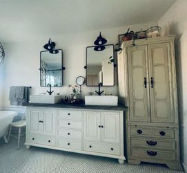 Solid Wood Distressed Cream Armoire / Linen Cabinet with Drawers