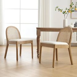 Rattan Dining Chairs Set of 2, Upholstered Sherpa Dining Room Chairs with Backrests, Modern Kitchen Chairs with Wood Legs for Dining Room, White