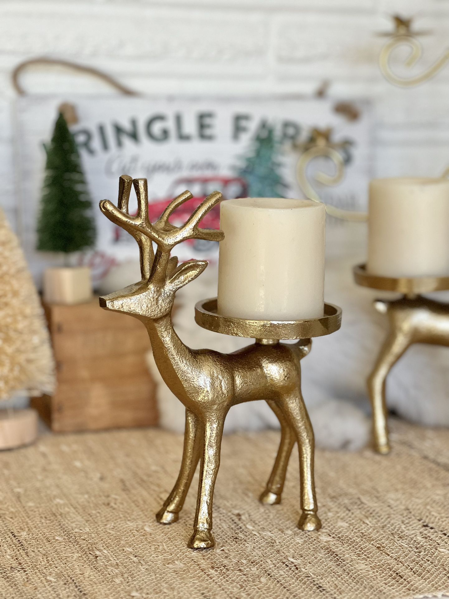 Gold reindeer pillar candle holder / 8” tall / $18