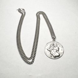 Sterling Silver 1-1/8in Saint Christopher 20 inch Necklace Chain pendant