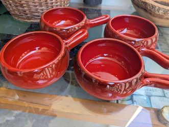 2 red ceramic De Silva soup pots with a handle (rustic style, made in Italy)