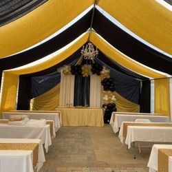 Draping—-tent——chairs——tables——-backdrops——-balloongarland——-jumpers———tablecloth