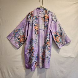 Kimono Style Robe Japan Floral Purple Pocket 