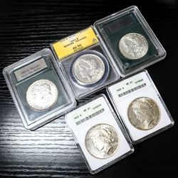 US Silver Coins Below Spot - 3 Morgans & 2 Peace Silver Dollar 