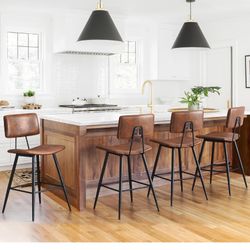 24.5" Red Brown Bar Stools Set of 4, Faux Leather Upholstered Counter Height Bar Stools with Backs, Metal Footrest and Legs, Armless Bar Chairs for Ki