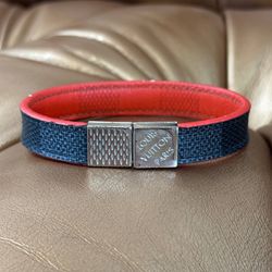 AUTH Louis Vuitton LV Damier Graphite Leather Two Tone Leather Bracelet up to 8.5”