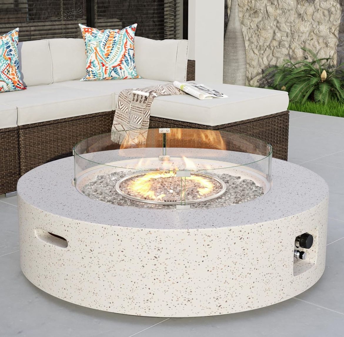 Outdoor Propane Fire Pit Coffee Table w Terrazzo White 40.5-inch Round Base Patio Heater, CSA Certified, 50,000 BTU Stainless Steel