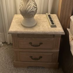 Vintage Wooden Nightstand with Marble Top – 2 Drawer Accent Table