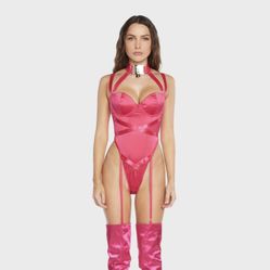 Dolls Kill pink keep it locked teddy bodysuit 