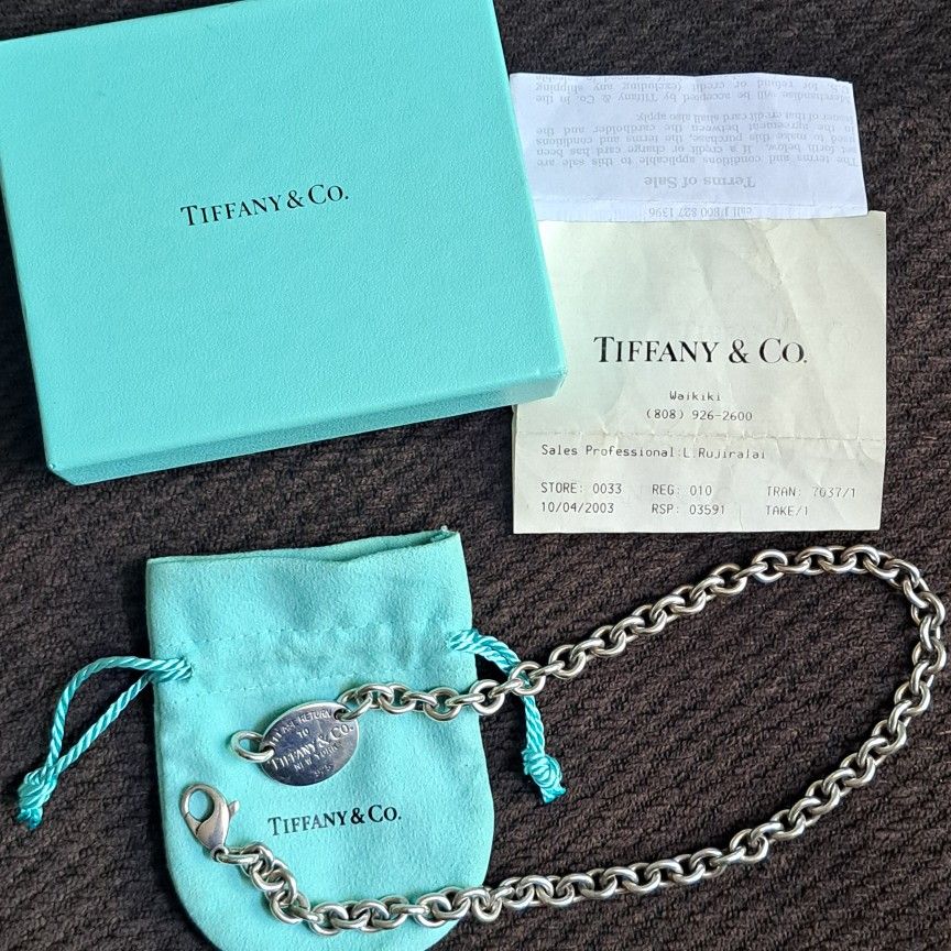 EXCELLENT CONDITION " AUTHENTIC TIFFANY & CO.  925 STERLING SILVER CHOKER NECKLACE  VINTAGE WITH RECEIPT, DUSTBAG & BOX  260$