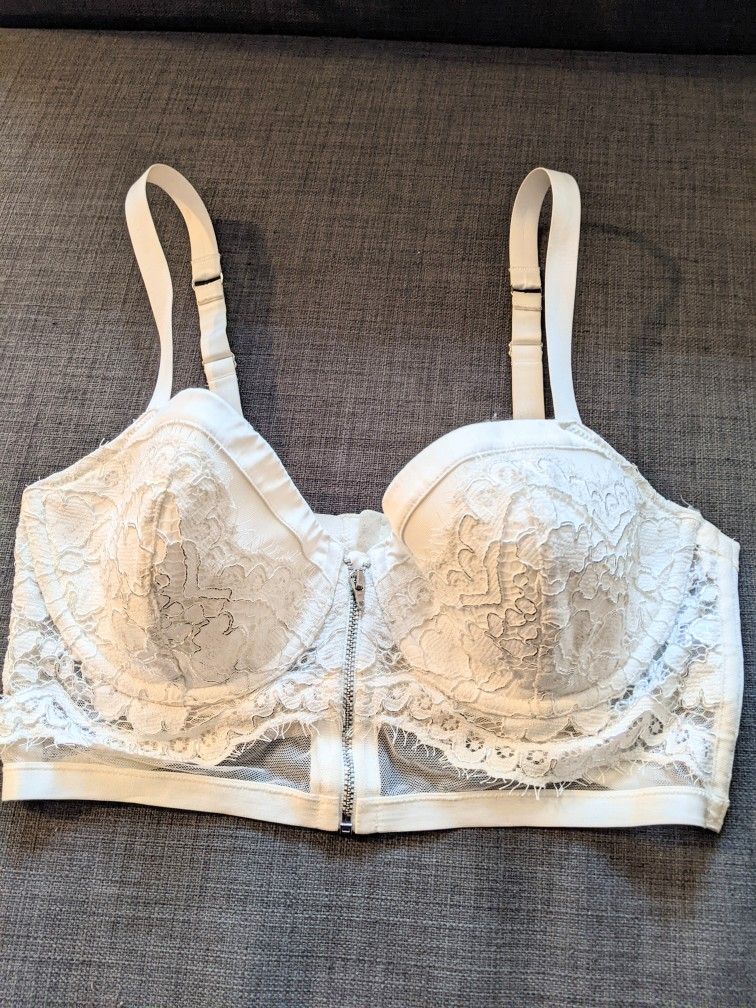 Victoria Secret White Silver Lace Zip Down Bustier Bra