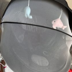 Baby swing with a netting cover.