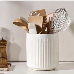 New JIEMEI HOME Utensil Holder, 7.2" Large Ceramic Stable Utensil Crock for Kitchen Counter, Utensil Holder with Cork Mat, Removable Bamboo Divider fo