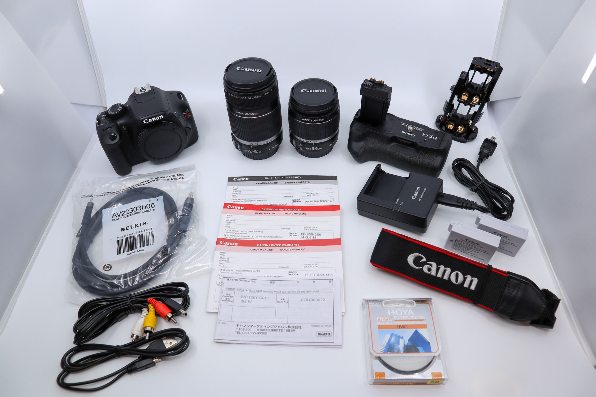 Canon EOS Rebel T2i 550D DSLR Camera, Battery Grip, 18-55mm, 55-250mm Lens, Case