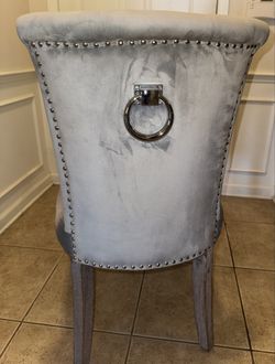 Silver Grey Velvet Dining Chairs with Nailhead Trim & Ring Pull Back