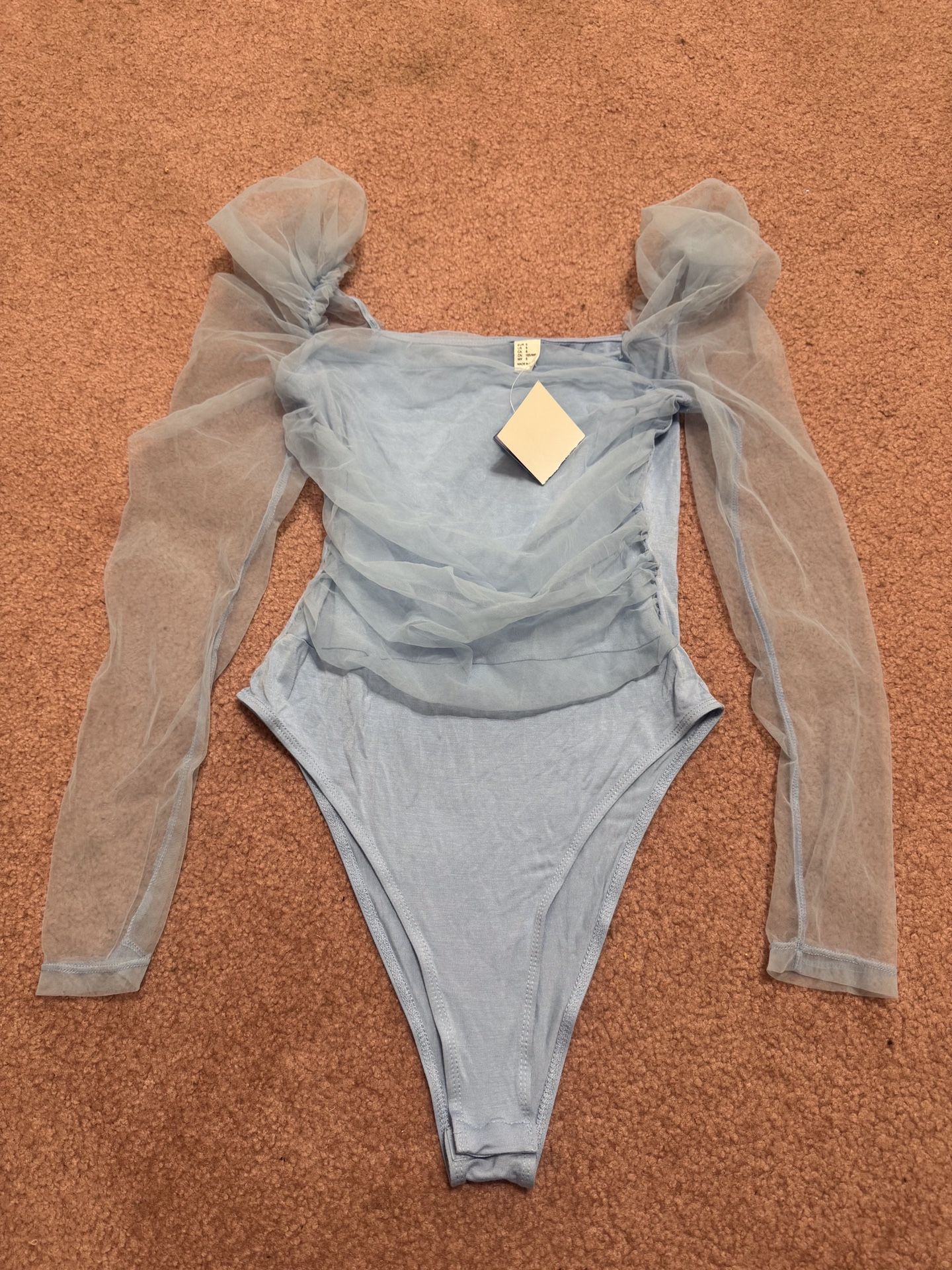 New Small Blue Stretchy Poof Sleeve Top Blouse Bodysuit Lingerie 