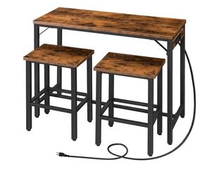 Industrial Bar Table and Stools Set with Power Outlet