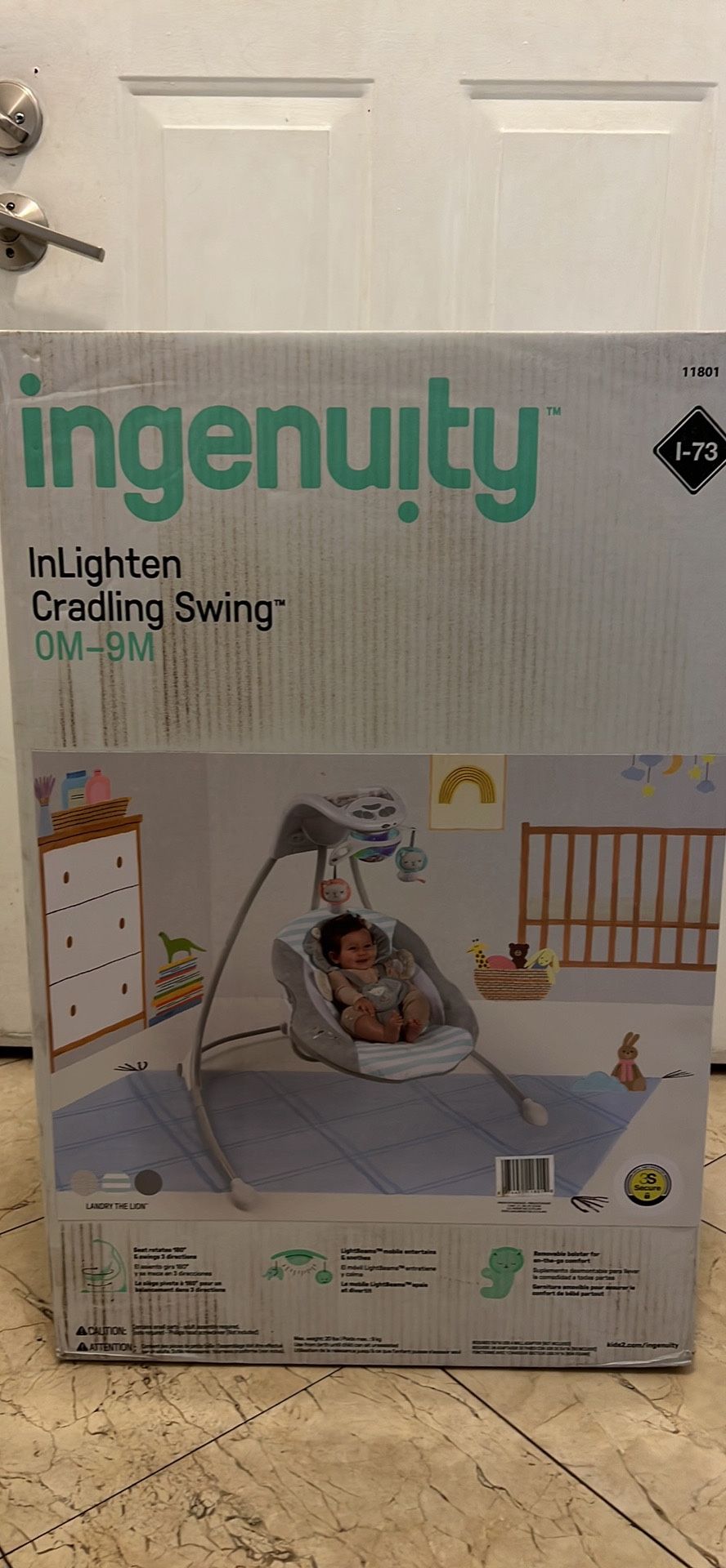 Ingenuity InLighten Foldable Lightweight Baby Swing with Lights, Lion, Gray