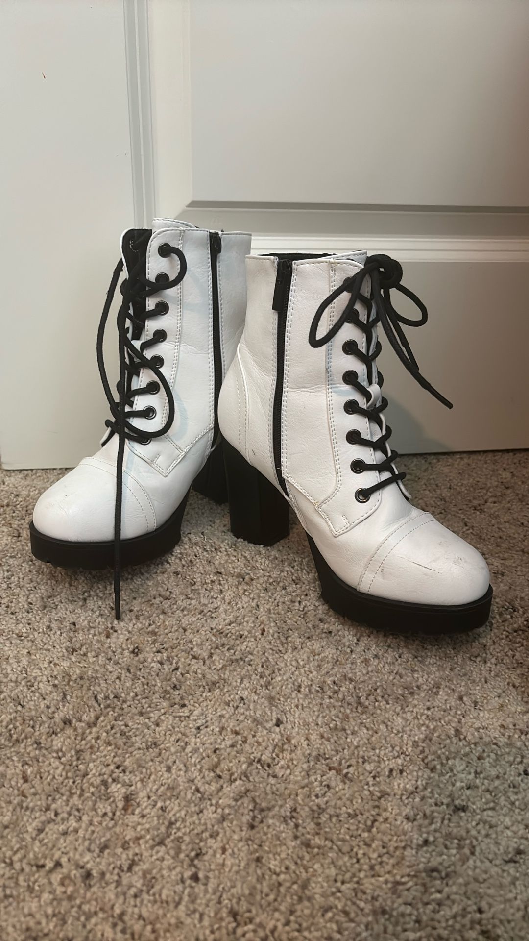 White Stacked Up Heel Boots