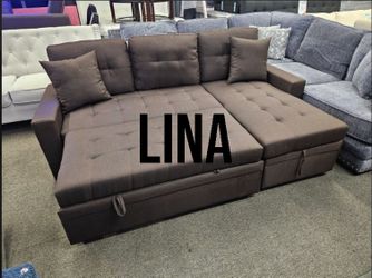 Brown Fabric Reversible Pull-Out Sectional Sofa with Storage