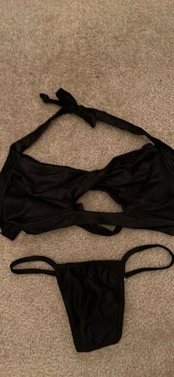 Satin spandex wide low back thong and twist top set. Size: small - Color: Black