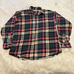 Vintage LL Bean Green Red Plaid Flannel Long Sleeve Shirt Made USA Men’s Size L