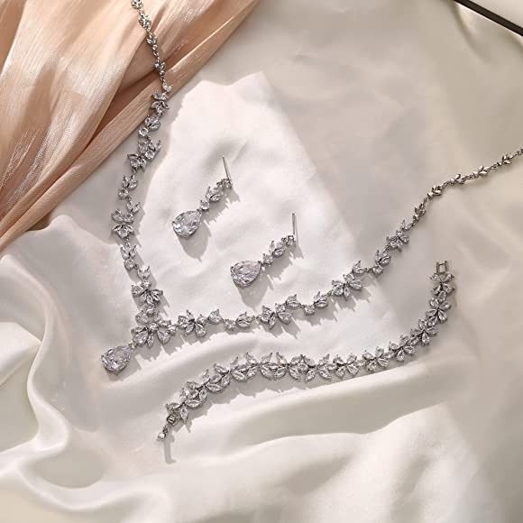 Crysdue Wedding Jewelry Set for Women, Floral Necklace Dangle Earrings Bracelet Hair Comb Adjustable Ring Set, Cubic Zirconia Elegance Wedding Party J