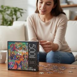 Cardinal Milton Bradley 500-piece Jigsaw Puzzle Dean Russo's "Nine Up Of Dogs". The image shows a Cardinal Milton Bradley 500-piece jigsaw puzzle feat