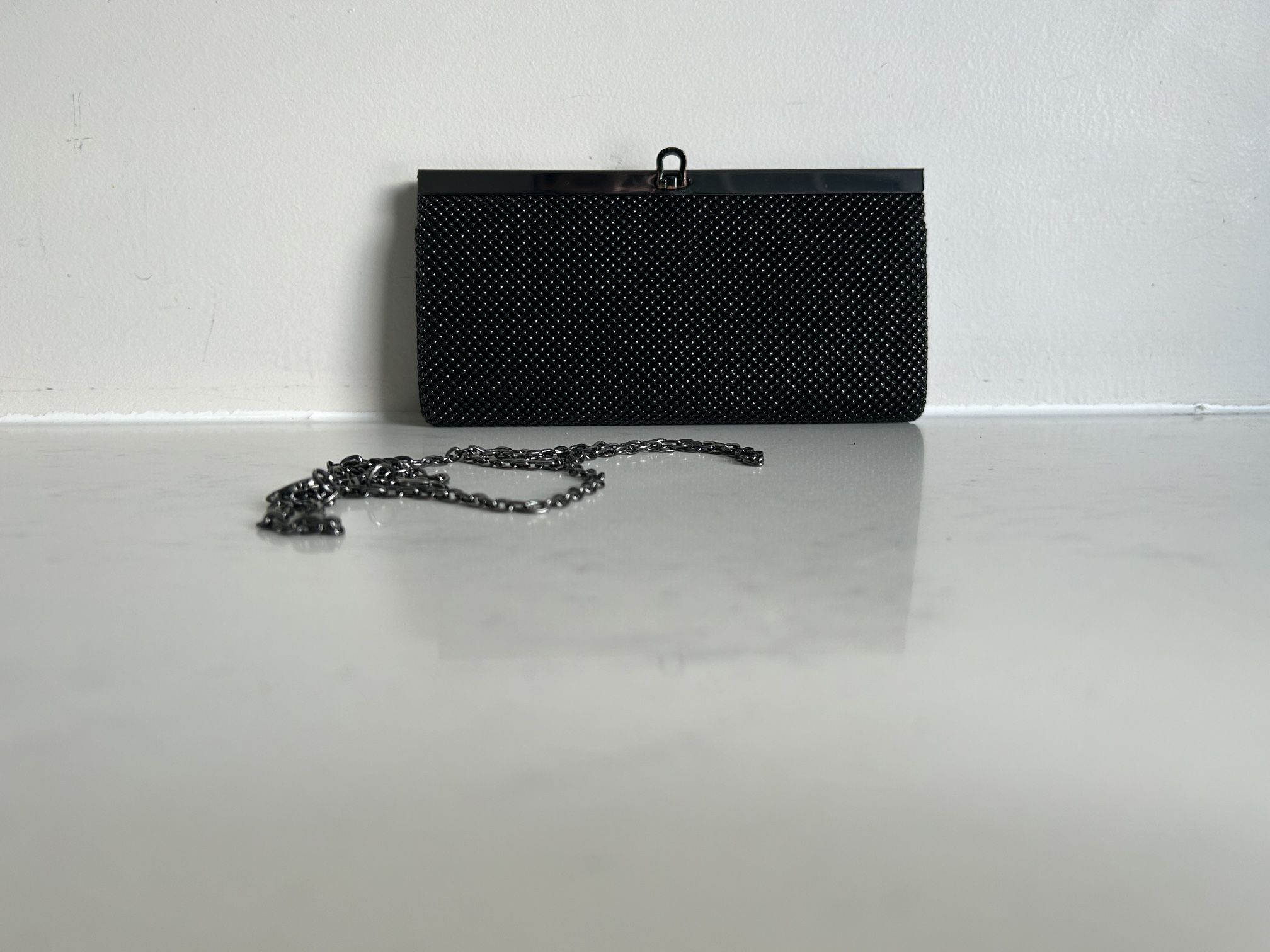 La Regale Women’s Black Beaded Bag Clutch Evening Purse With Metal Chain 