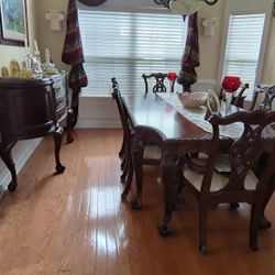 Mahogany Dining Room, 6 Chairs, Two Leaves, Buffet With Marble Top