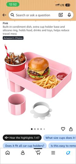 1-Pack Square Car Seat Cup Holder Snack Tray for Kids, Pink Built-in condiment dish, extra cup holder base and silicone ring, holds food, drinks and t