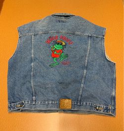 Vtg Senor Frogs Mens Jean Jacket Vest Sz XXL Mazatlan Mexico 80s 90s Blue Denim