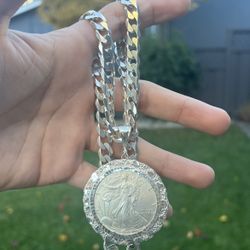 925 Silver Flat Cuban Link Chain With Coin Pendant (112.9g)