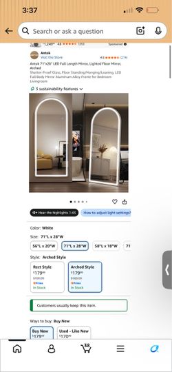 Antok 71"x28" LED Full Length Mirror, Lighted Floor Mirror, Arched Shatter-Proof Glass, Floor Standing/Hanging/Leaning, LED Full Body Mirror Aluminum