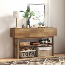 Narrow Side Table, Wood Long Sofa Console Table, Entryway Accent Table with 3 Drawers Storage