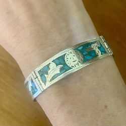 Sterling Silver Signed Mexico Sterling Turquoise Floral Bracelet size 7 1/4”
