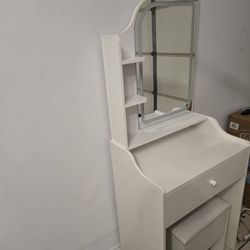 Small Makeup Vanity Desk with Mirror and Lights, Vanity Table Set with Storage Drawer, Chair and Three Shelves, Bedroom, White