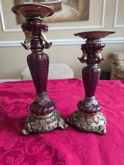 Vintage Ornate Brass Detailing and Red Lacquer Candle Holders. 12" And  10".