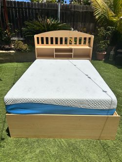 Full-Size Solid Wood Bed Frame + Mattress + Night Stand