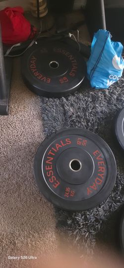 270 lbs Olympic weights and 45lb Olympic bar. Plus Nordic track 55lbs dumbbells set with stand