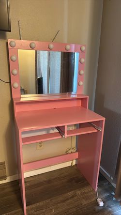 Pink Vanity Desk with Lighted Mirror
