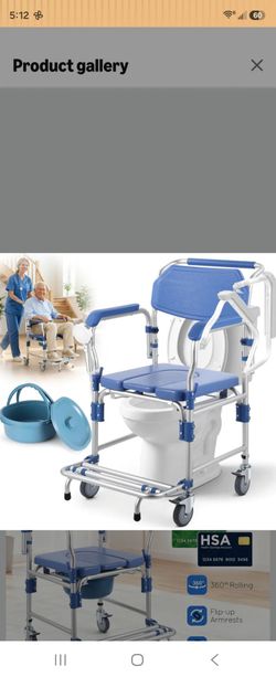 Brand new✅️ Bedside Commode Wheelchair with Drop Arms & Lockable Casters, Waterproof Aluminum Shower Chair, Anti-Tilt Foldable Footrest, Sponge Padded