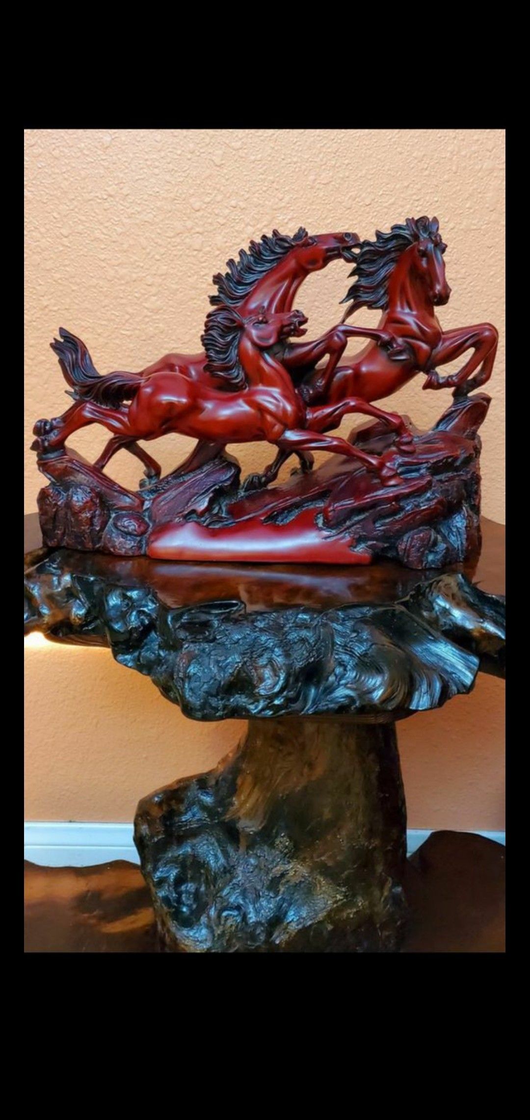 Vintage Mahogany Red Resin 3 Stallions Galopping Horses, Chinese Figurine...