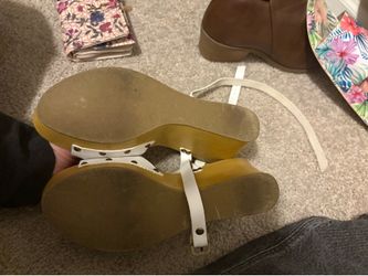 size 9 Women’s White Ankle Strap Wedge Sandals – Faux Wood Platform Heel