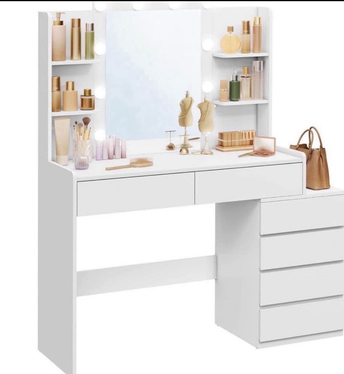 Vanity Desk with Mirror and LED Lights, Makeup Vanity with 6 Drawers, Vanity Table with 4 Open Shelves, 10 Dimmable LED Lights, for Bedroo